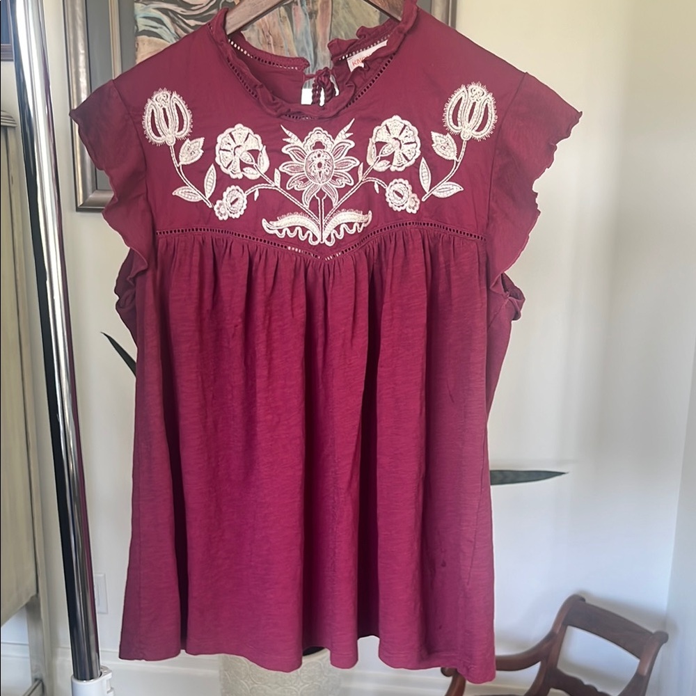 3/$15! Embroidered Burgundy Women's Top